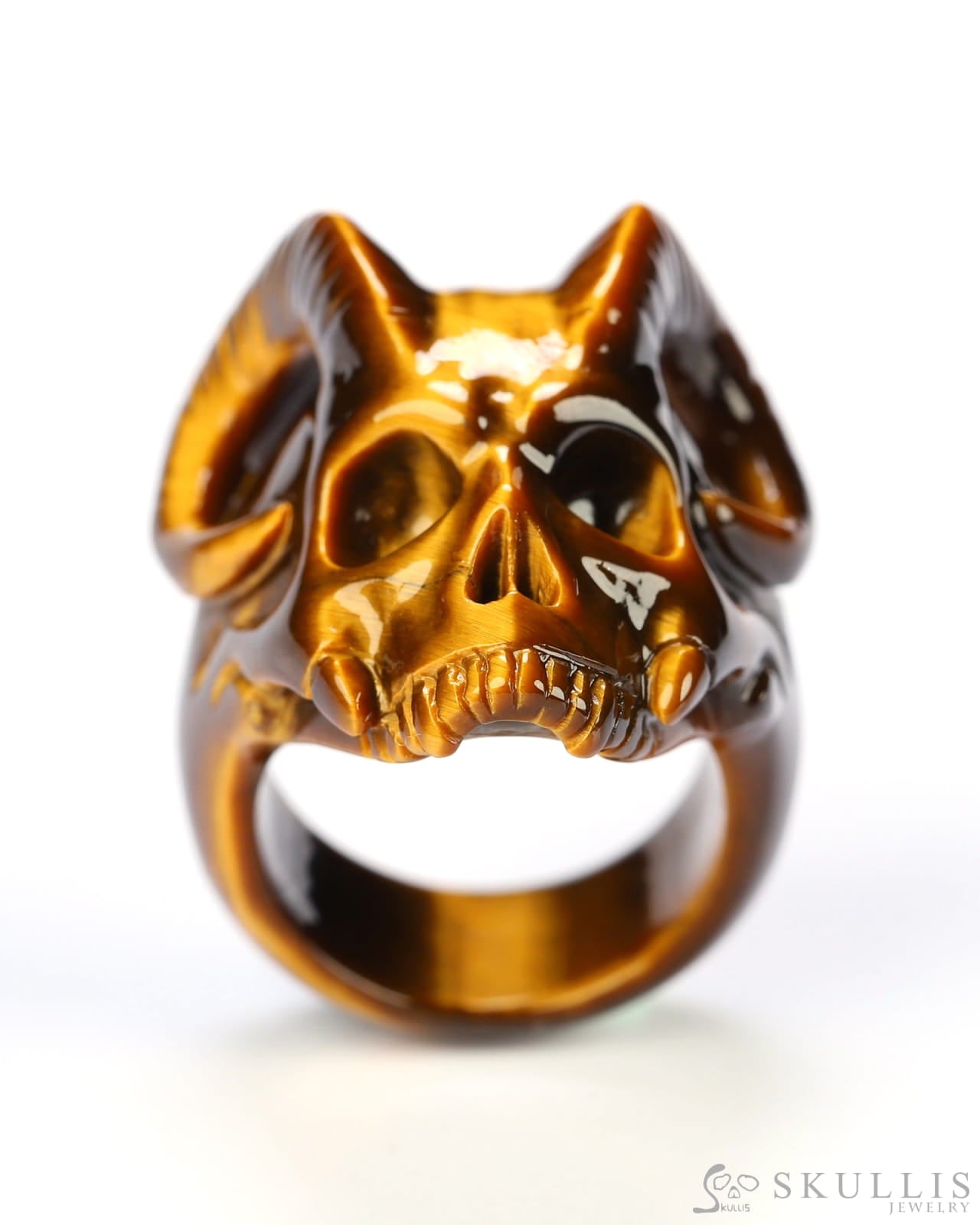 Gem Skull Ring of Gold Tiger’s Eye Carved Beast Skull US size 8 - 9800282 Skull Rings