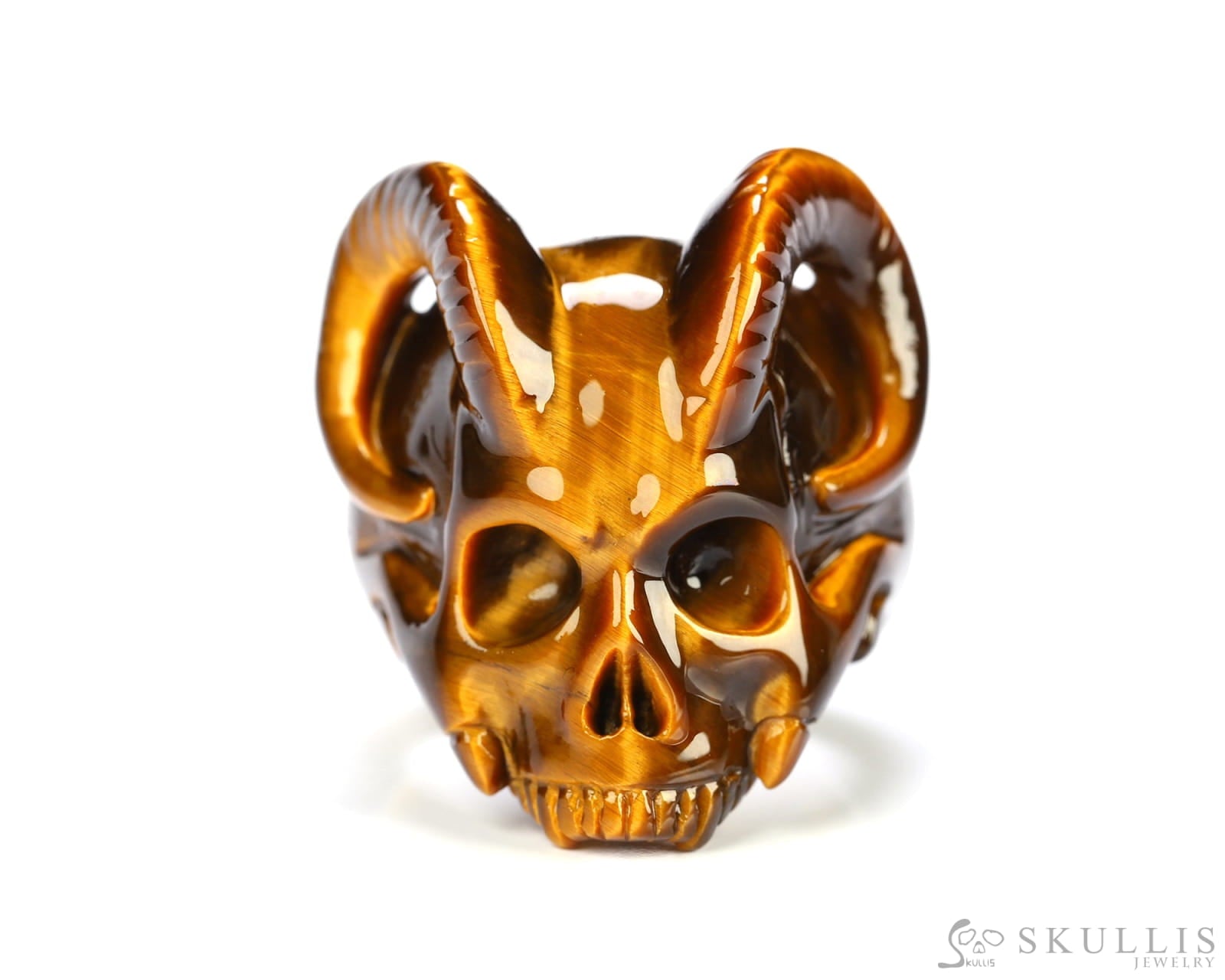 Gem Skull Ring of Gold Tiger’s Eye Carved Beast Skull US size 8 - 9800282 Skull Rings