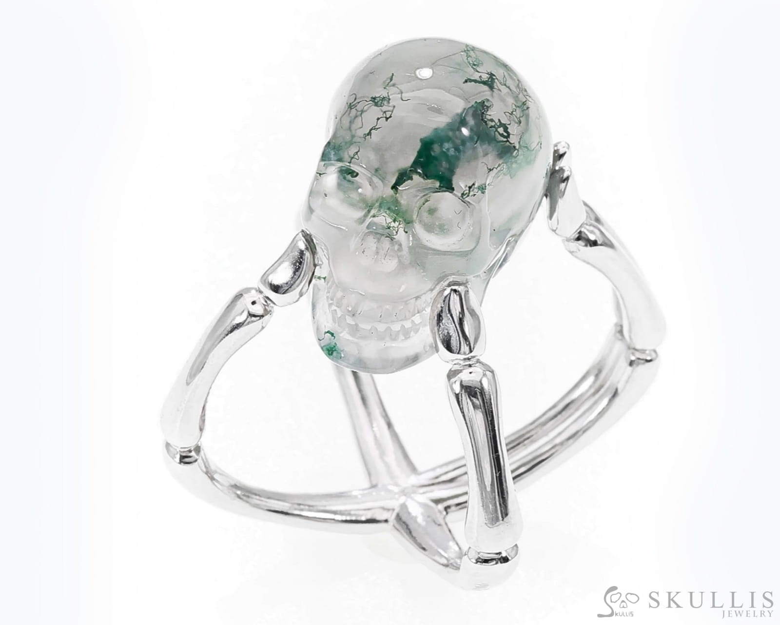 Gem Skull Ring Of Green Moss Agate Carved Skull In 925 Sterling Silver 5 Skull Rings