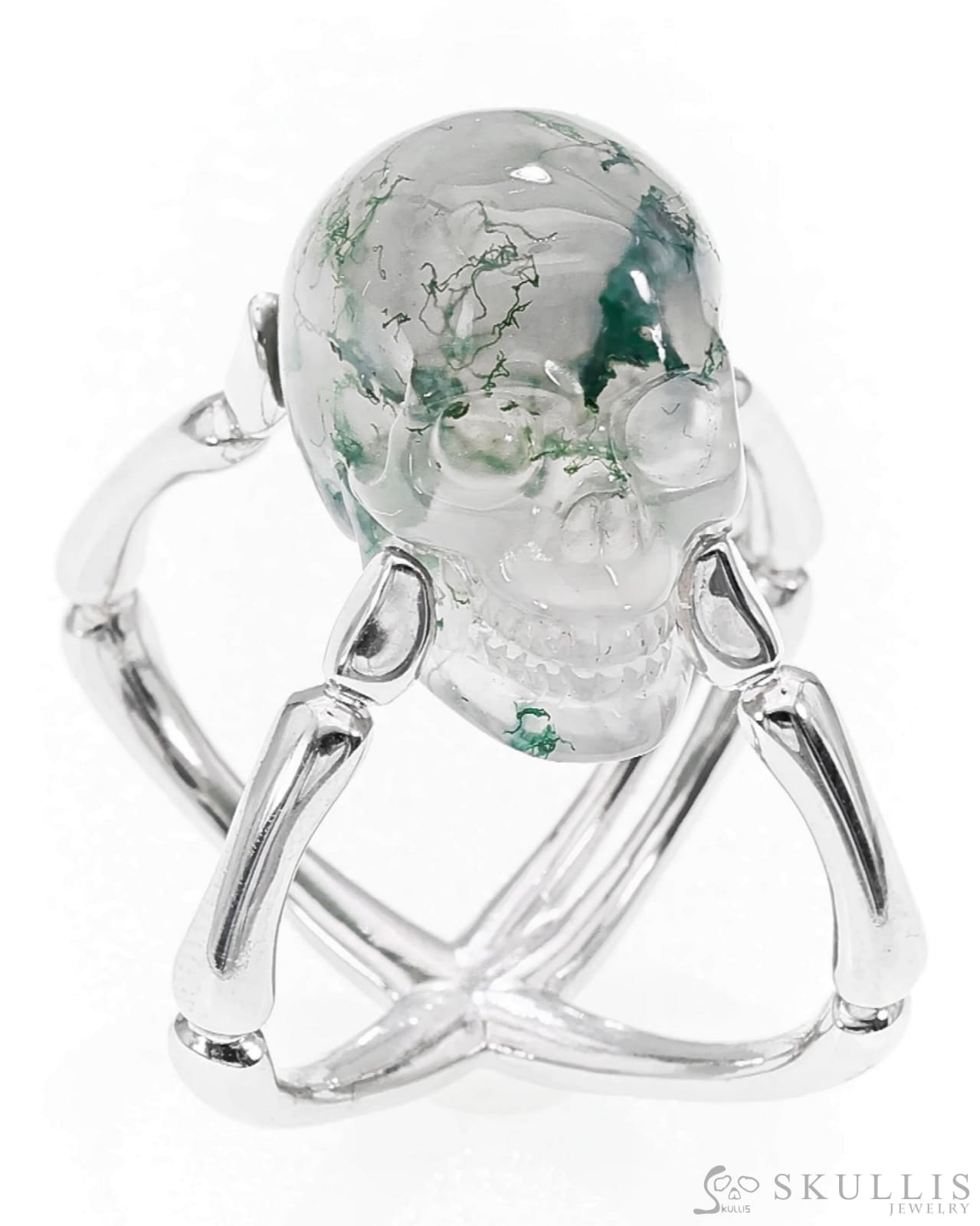 Gem Skull Ring Of Green Moss Agate Carved Skull In 925 Sterling Silver Skull Rings