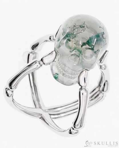 Gem Skull Ring Of Green Moss Agate Carved Skull In 925 Sterling Silver Skull Rings