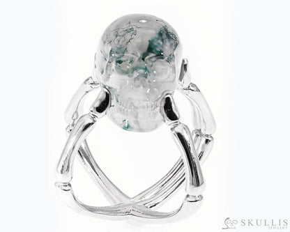 Gem Skull Ring Of Green Moss Agate Carved Skull In 925 Sterling Silver Skull Rings