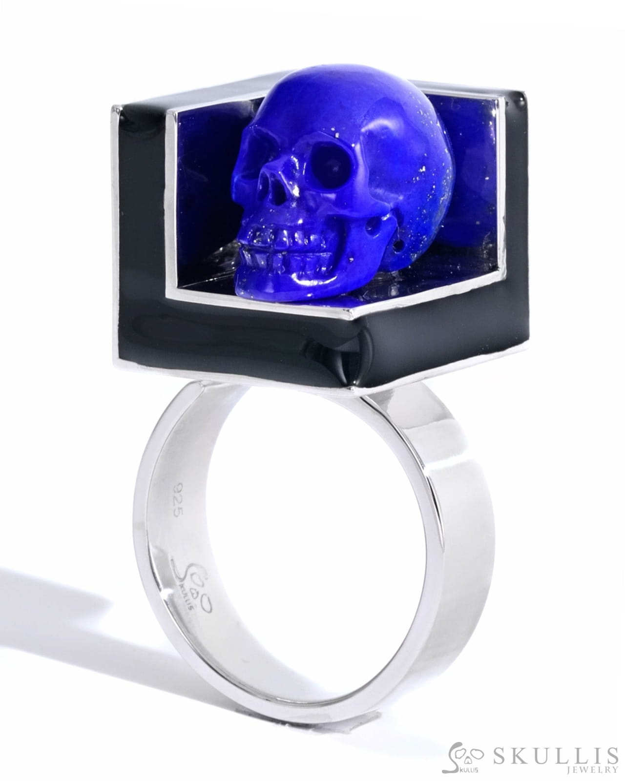 Gem Skull Ring of Lapis Lazuli Carved Skull in 925 Sterling Silver with Black Enamel Skull Rings