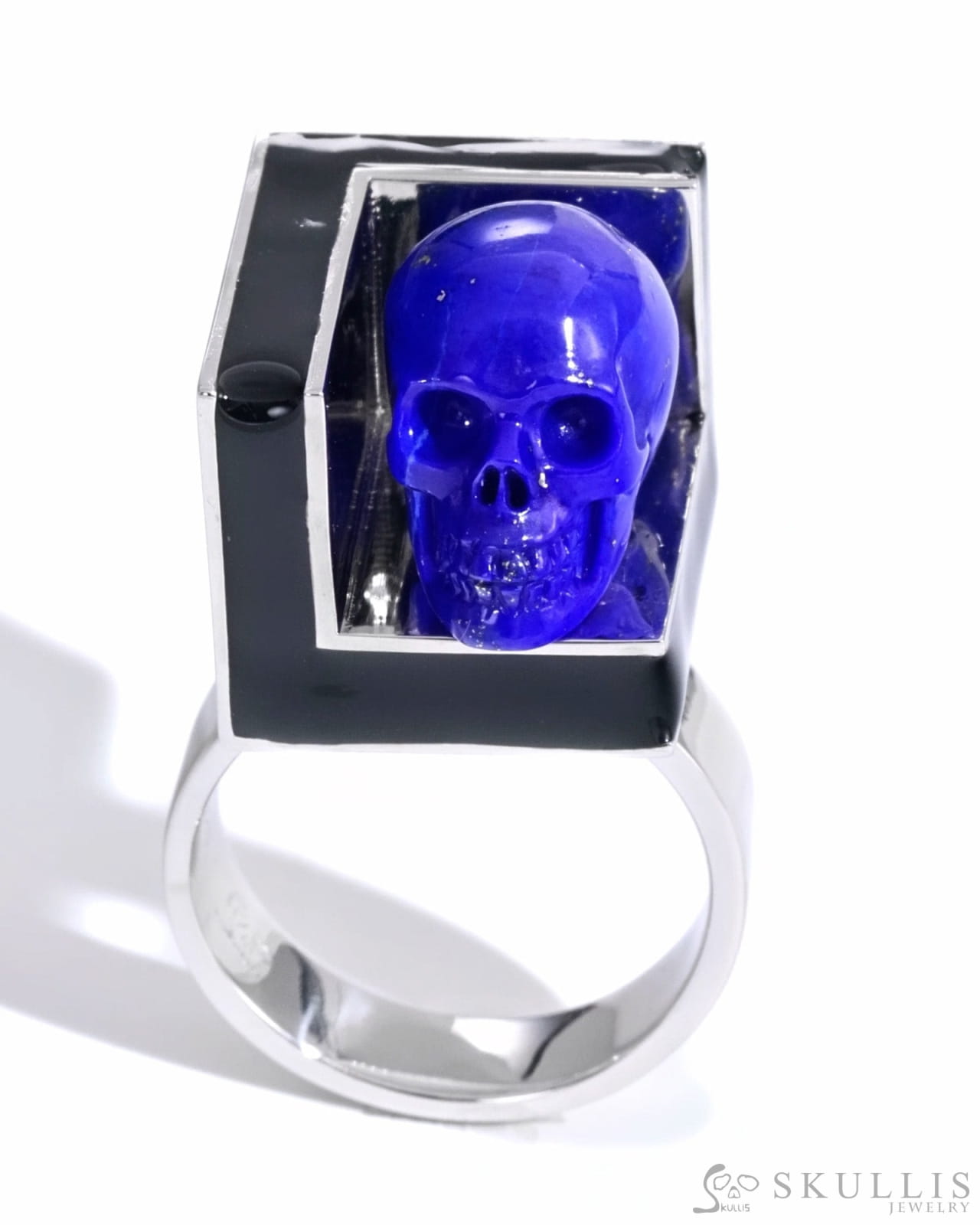 Gem Skull Ring of Lapis Lazuli Carved Skull in 925 Sterling Silver with Black Enamel Skull Rings