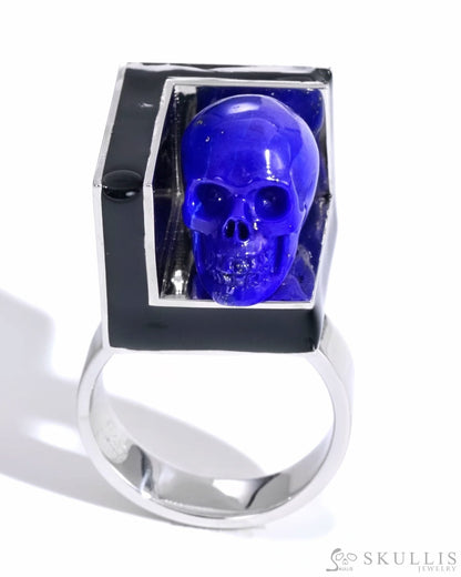 Gem Skull Ring of Lapis Lazuli Carved Skull in 925 Sterling Silver with Black Enamel Skull Rings