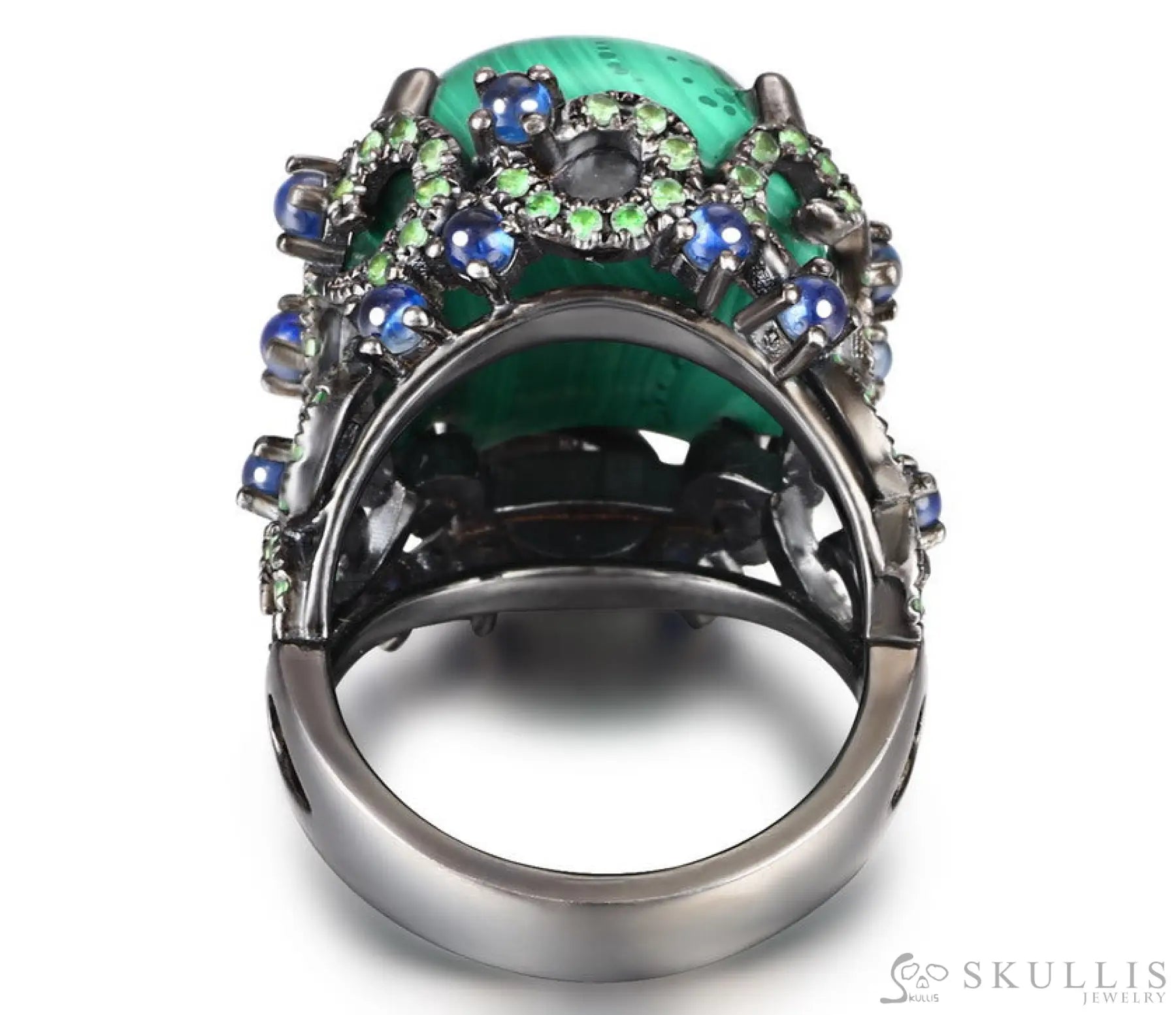 Gem Skull Ring Of Malachite Crystal Carved Skull With Sapphire & Tsavorite