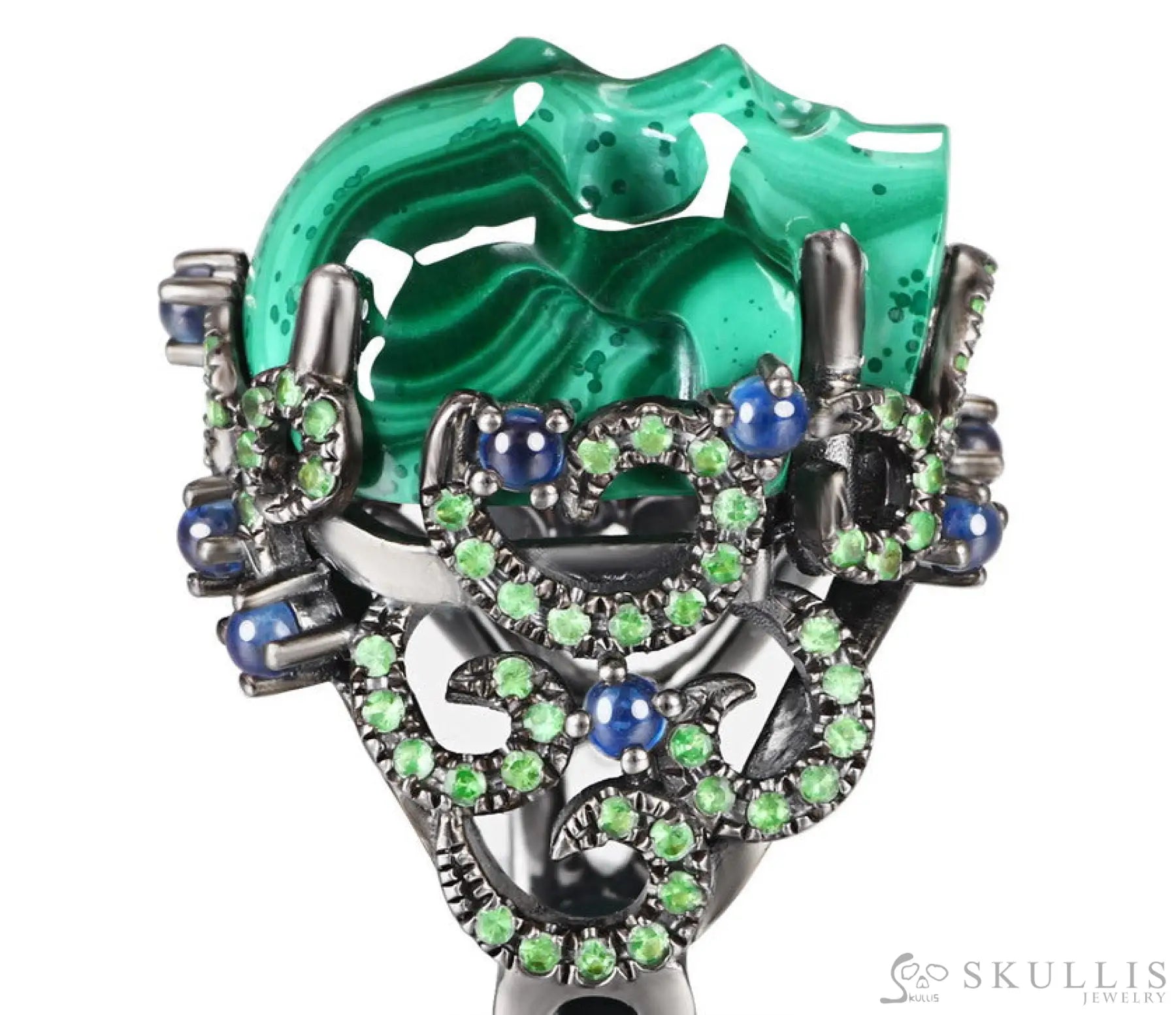 Gem Skull Ring Of Malachite Crystal Carved Skull With Sapphire & Tsavorite