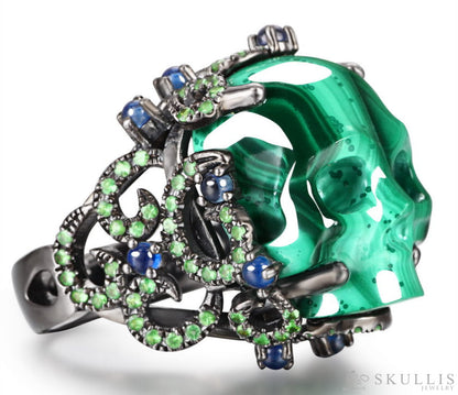 Gem Skull Ring Of Malachite Crystal Carved Skull With Sapphire & Tsavorite