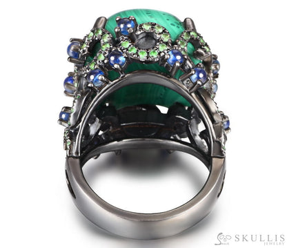 Gem Skull Ring Of Malachite Crystal Carved Skull With Sapphire & Tsavorite