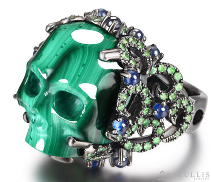 Gem Skull Ring Of Malachite Crystal Carved Skull With Sapphire & Tsavorite