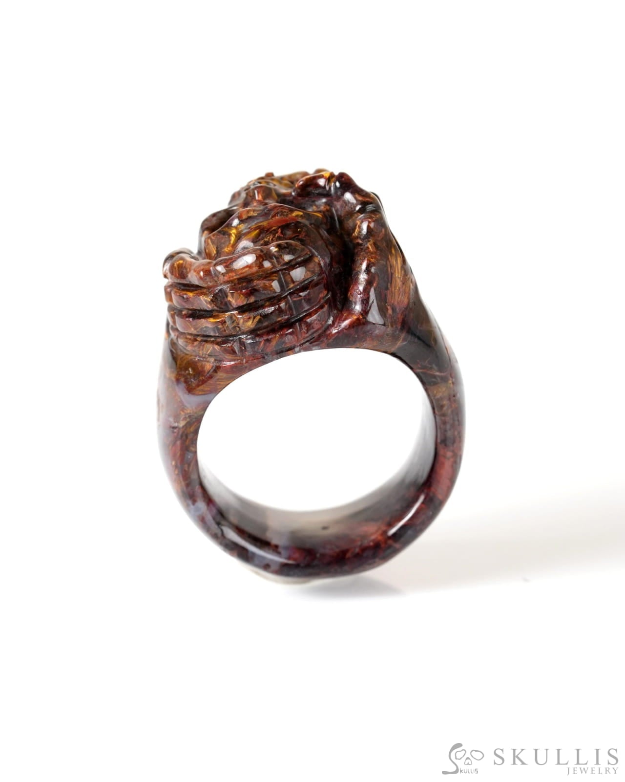 Gem Skull Ring of Pietersite Carved Skeletal Hands Skull US size 8 - 9800277 Skull Rings