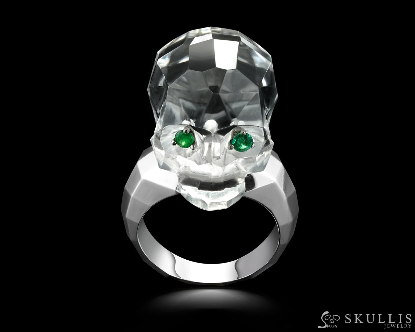 Gem Skull Ring of Quartz Rock Crystal Carved Faceted Skull with Tsavorite Eyes in 925 Sterling Silver Skull Rings