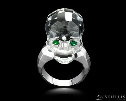 Gem Skull Ring of Quartz Rock Crystal Carved Faceted Skull with Tsavorite Eyes in 925 Sterling Silver Skull Rings