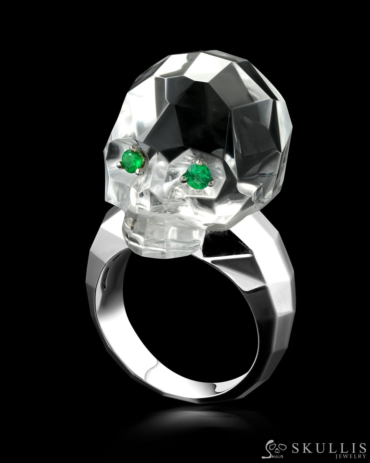 Gem Skull Ring of Quartz Rock Crystal Carved Faceted Skull with Tsavorite Eyes in 925 Sterling Silver Skull Rings