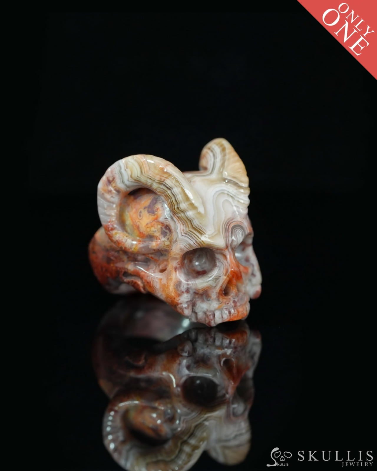 Gem Skull Ring of Red Crazy Lace Agate Carved Beast Skull US size 6.5 - 9500235 Skull Rings