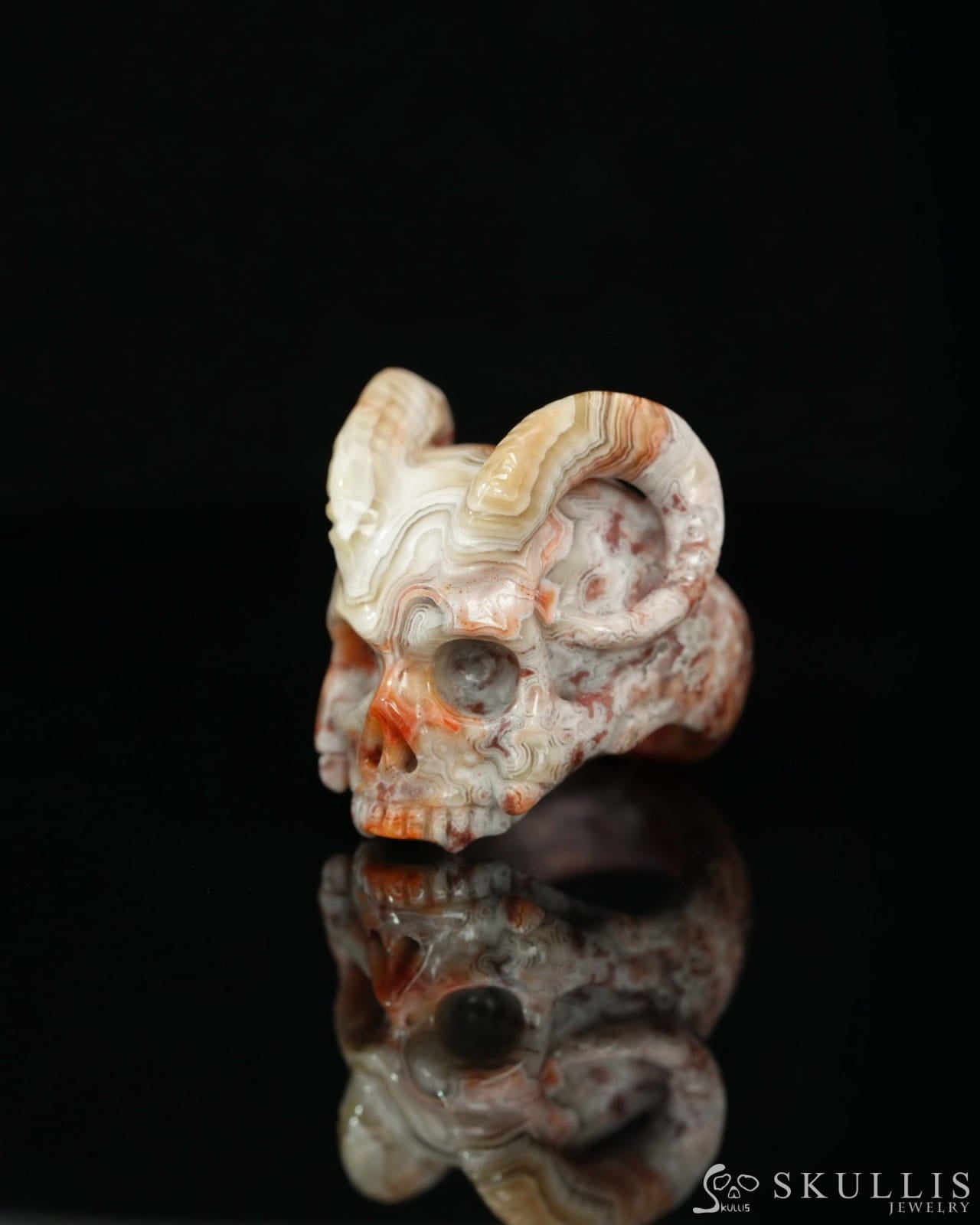 Gem Skull Ring of Red Crazy Lace Agate Carved Beast Skull US size 6.5 - 9500235 Skull Rings
