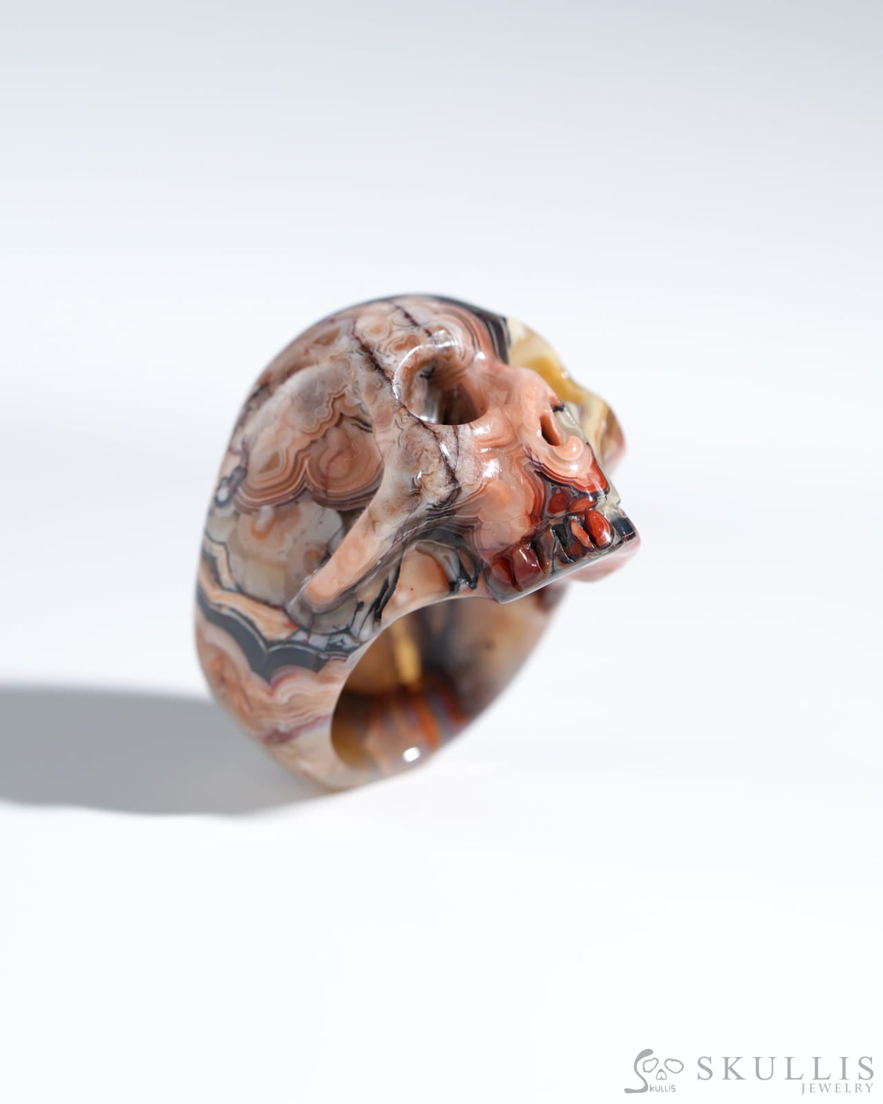 Gem Skull Ring Of Red Crazy Lace Agate Carved Skull In 925 Sterling Silver - 9800119 Us