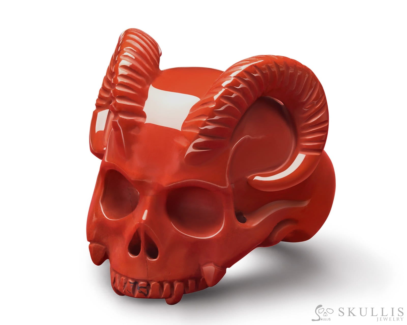 Gem Skull Ring of Red Jasper Carved Skull & Beast Horns Skull Rings