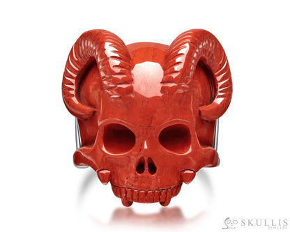 Gem Skull Ring of Red Jasper Carved Beast Skull with 925 Sterling Silver Skull Rings