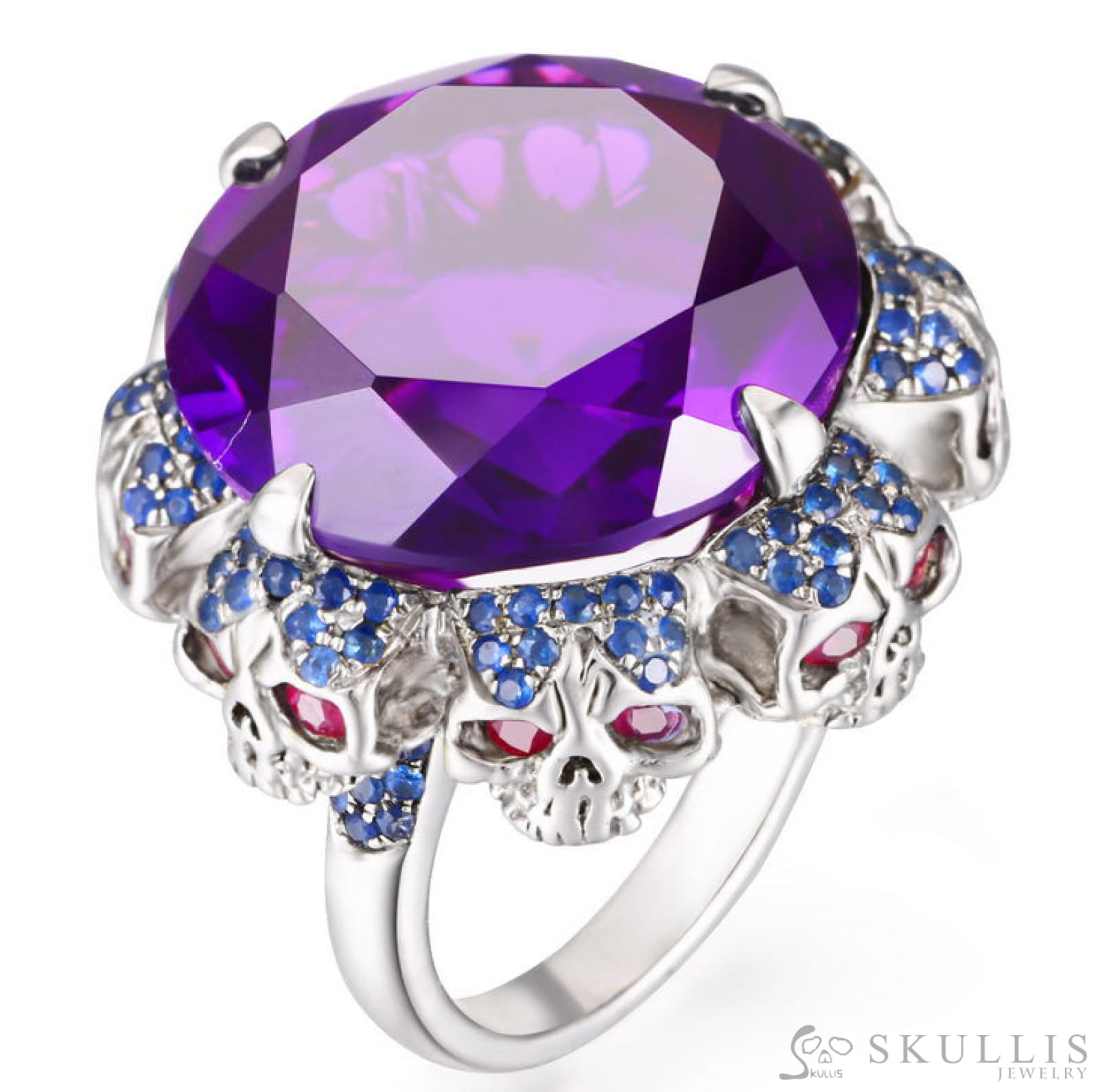 Gem Skull Ring Of Round Cut Amethyst Carved With Skull Ruby Eyes Skulls