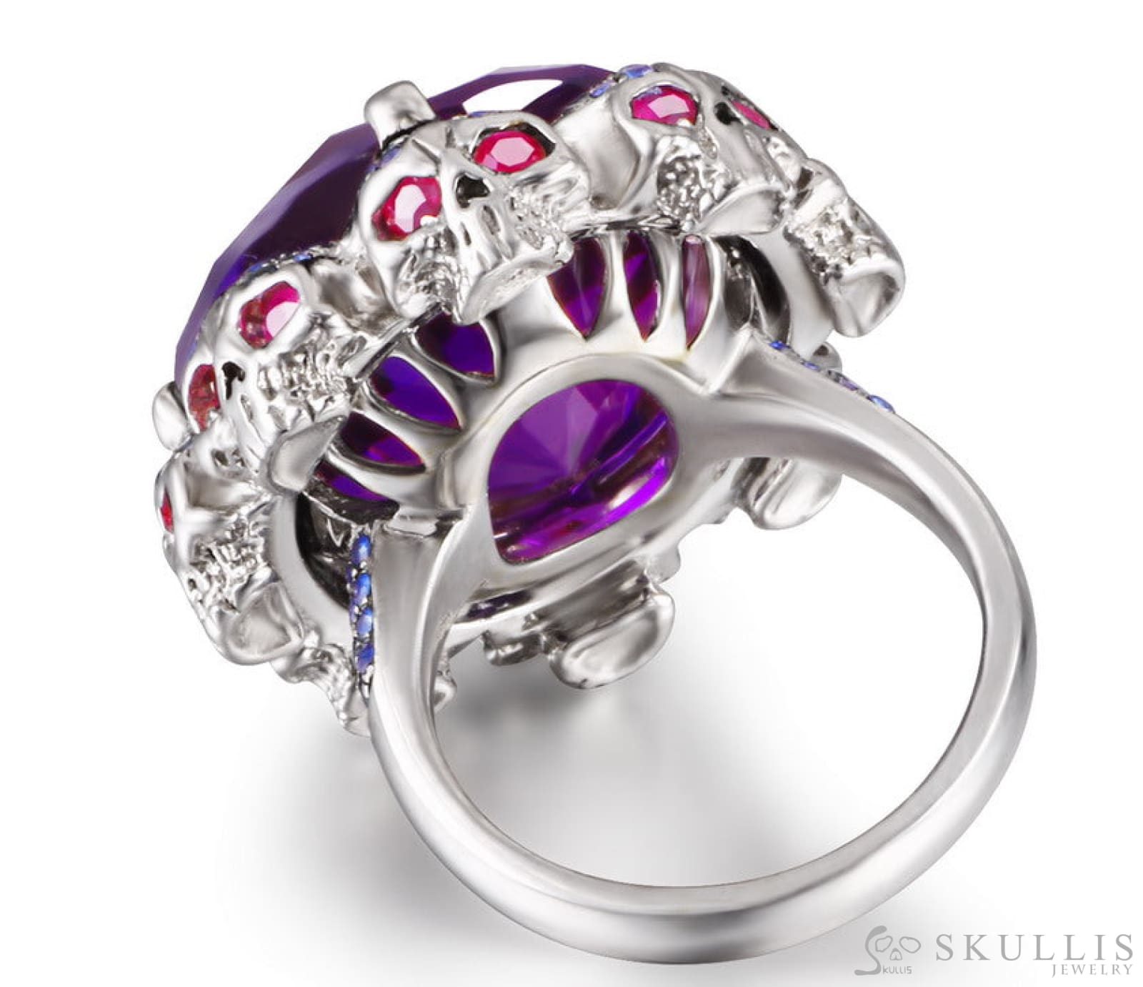 Gem Skull Ring Of Round Cut Amethyst Carved With Skull Ruby Eyes Skulls