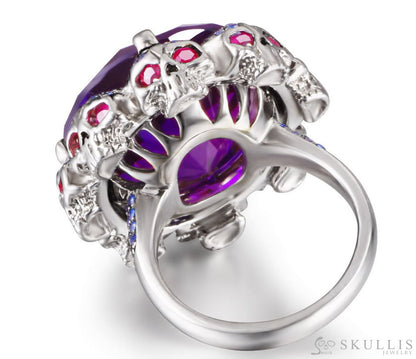 Gem Skull Ring Of Round Cut Amethyst Carved With Skull Ruby Eyes Skulls