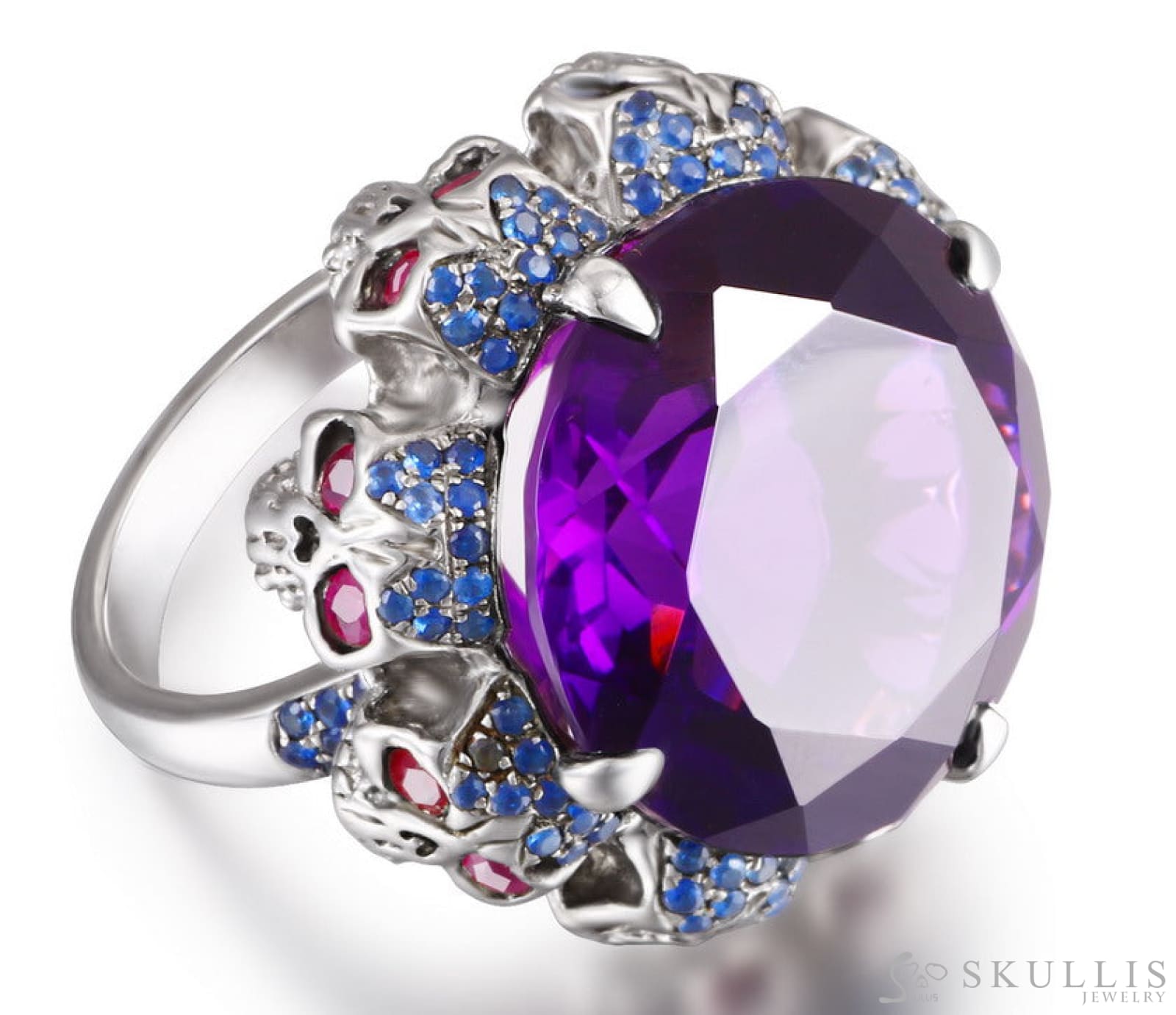 Gem Skull Ring Of Round Cut Amethyst Carved With Skull Ruby Eyes Skulls