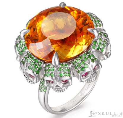 Gem Skull Ring Of Round Cut Citrine Carved With Skull Ruby Eyes Skulls