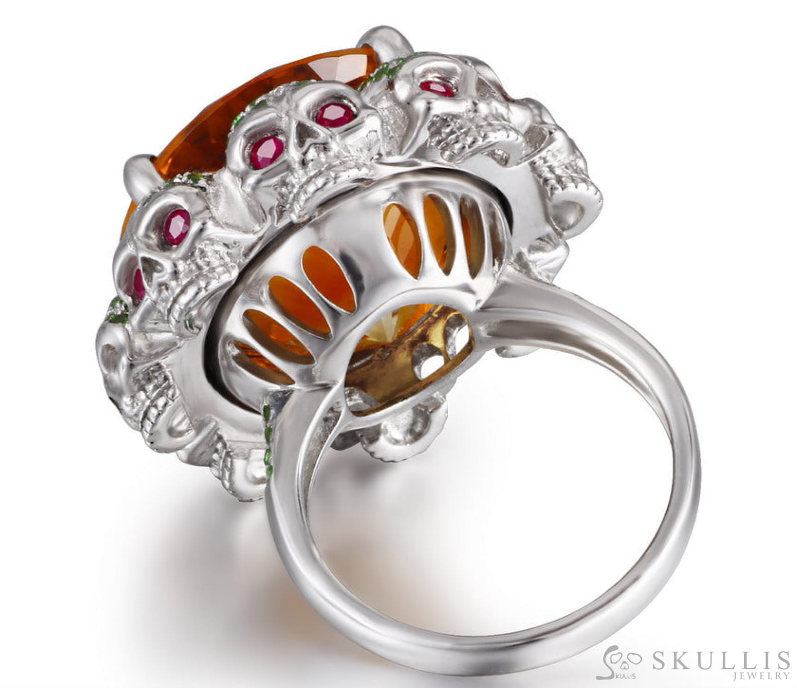 Gem Skull Ring Of Round Cut Citrine Carved With Skull Ruby Eyes Skulls