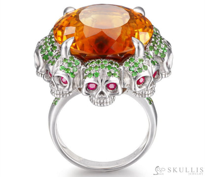 Gem Skull Ring Of Round Cut Citrine Carved With Skull Ruby Eyes Skulls