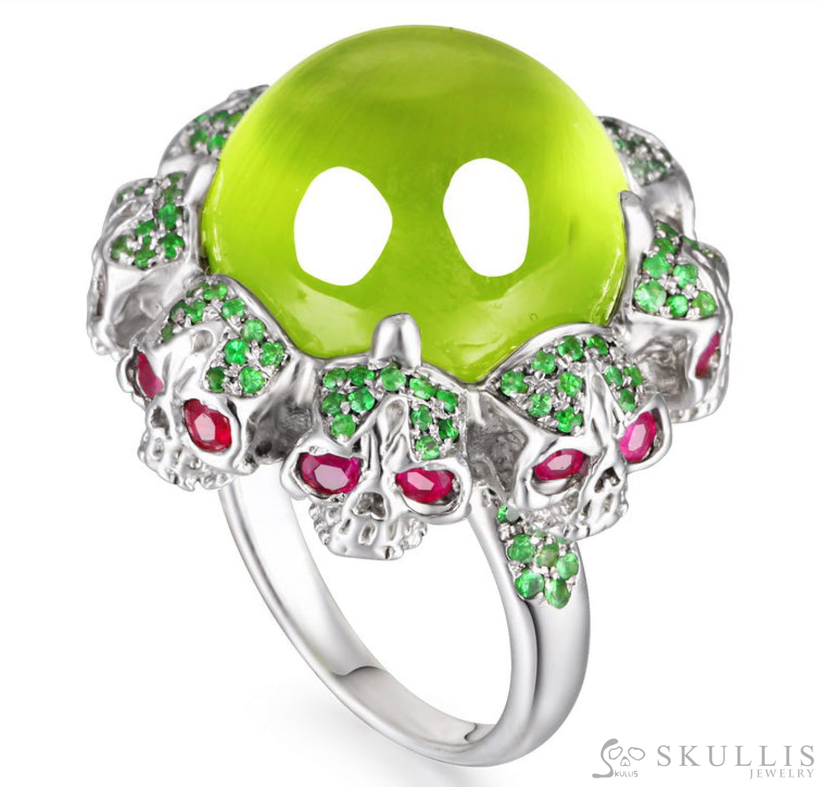 Gem Skull Ring Of Round Cut Lemon Stone Carved With Skull Ruby Eyes Skulls