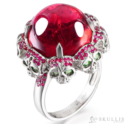 Gem Skull Ring Of Round Cut Ruby Carved With Emerald Eyes Skulls In 925 Sterling Silver 5
