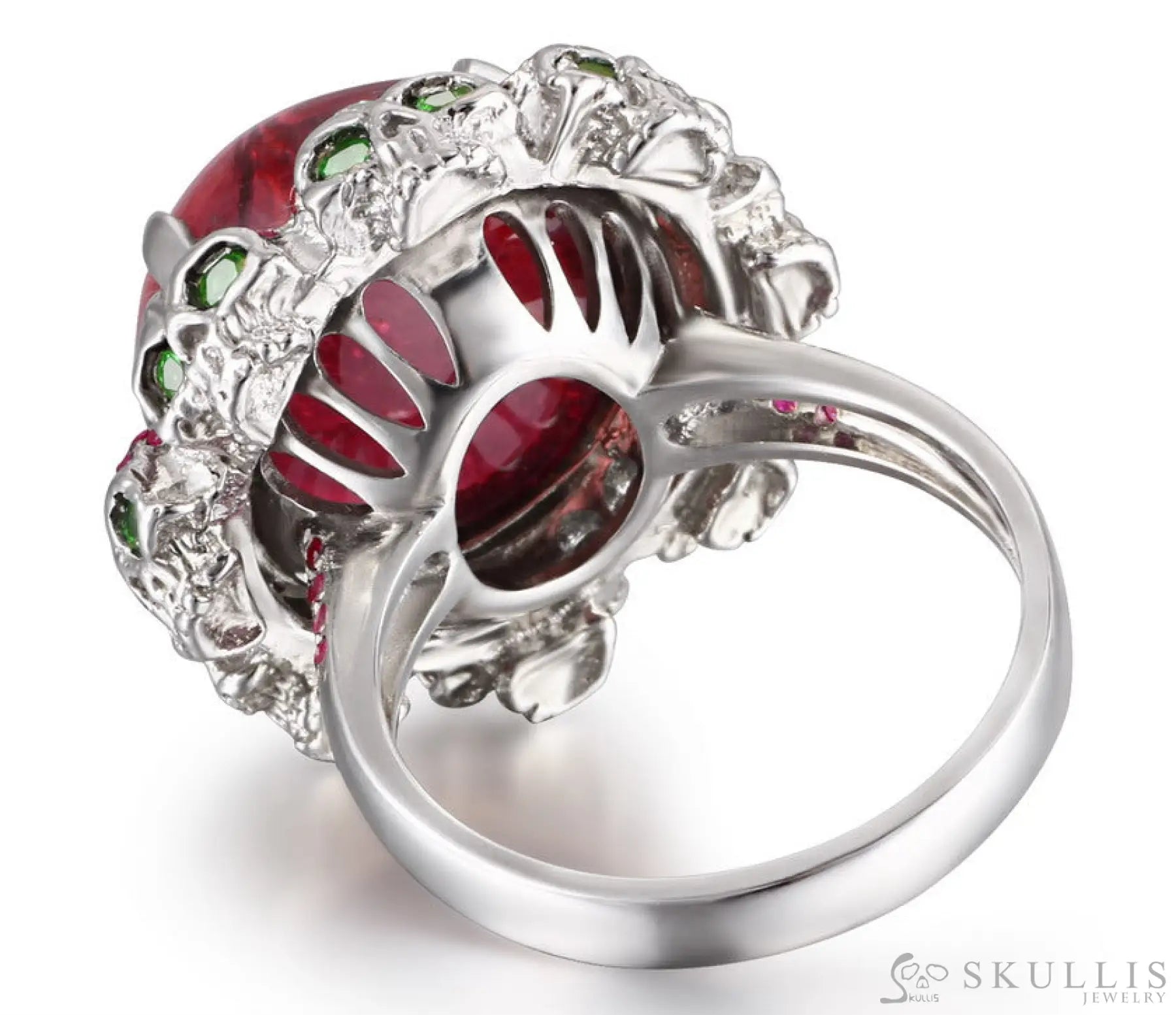 Gem Skull Ring Of Round Cut Ruby Carved With Emerald Eyes Skulls In 925 Sterling Silver Skull Rings