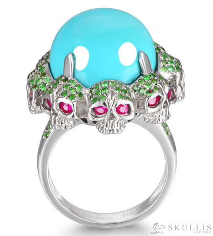 Gem Skull Ring Of Round Cut Turquoise Carved With Ruby Eyes Skulls In 925 Sterling Silver 5