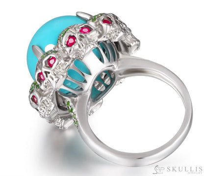 Gem Skull Ring Of Round Cut Turquoise Carved With Ruby Eyes Skulls In 925 Sterling Silver