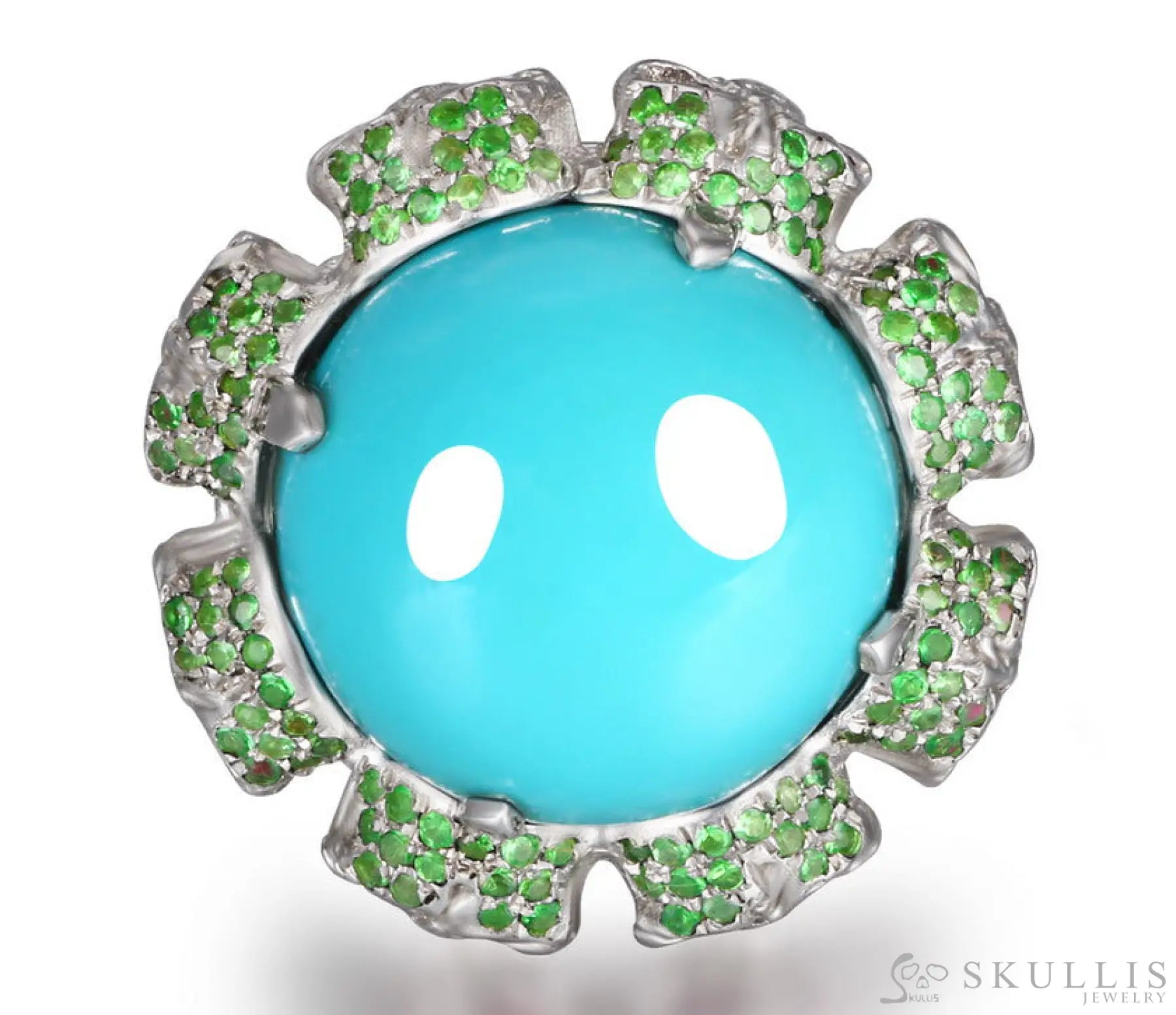 Gem Skull Ring Of Round Cut Turquoise Carved With Ruby Eyes Skulls In 925 Sterling Silver