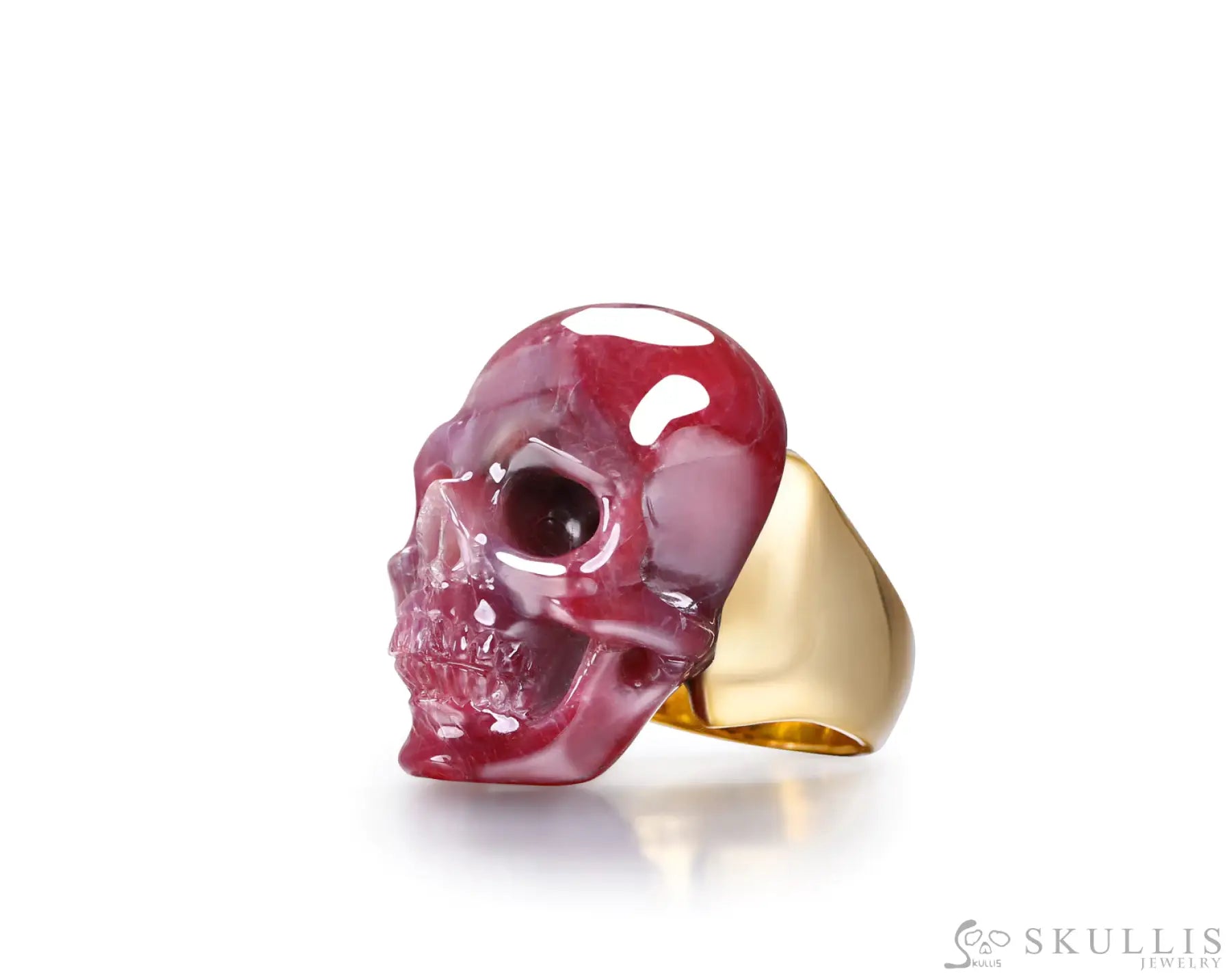 Gem Skull Ring Of Ruby Carved Skull In 18K Gold - Plate Silver Skull Rings