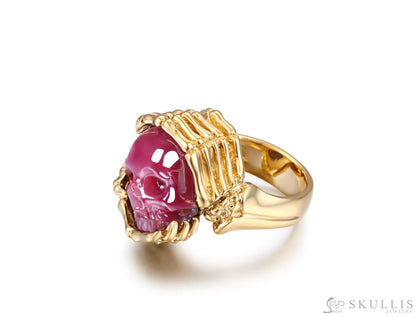 Gem Skull Ring Of Ruby Carved Skull With Skeletal Hands In 18K Gold - Plate Silver Skull Rings