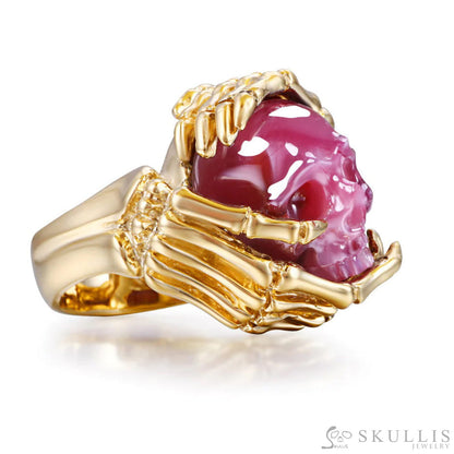 Gem Skull Ring Of Ruby Carved Skull With Skeletal Hands In 18K Gold-Plate Silver Skull Rings