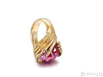 Gem Skull Ring Of Ruby Carved Skull With Skeletal Hands In 18K Gold - Plate Silver Skull Rings