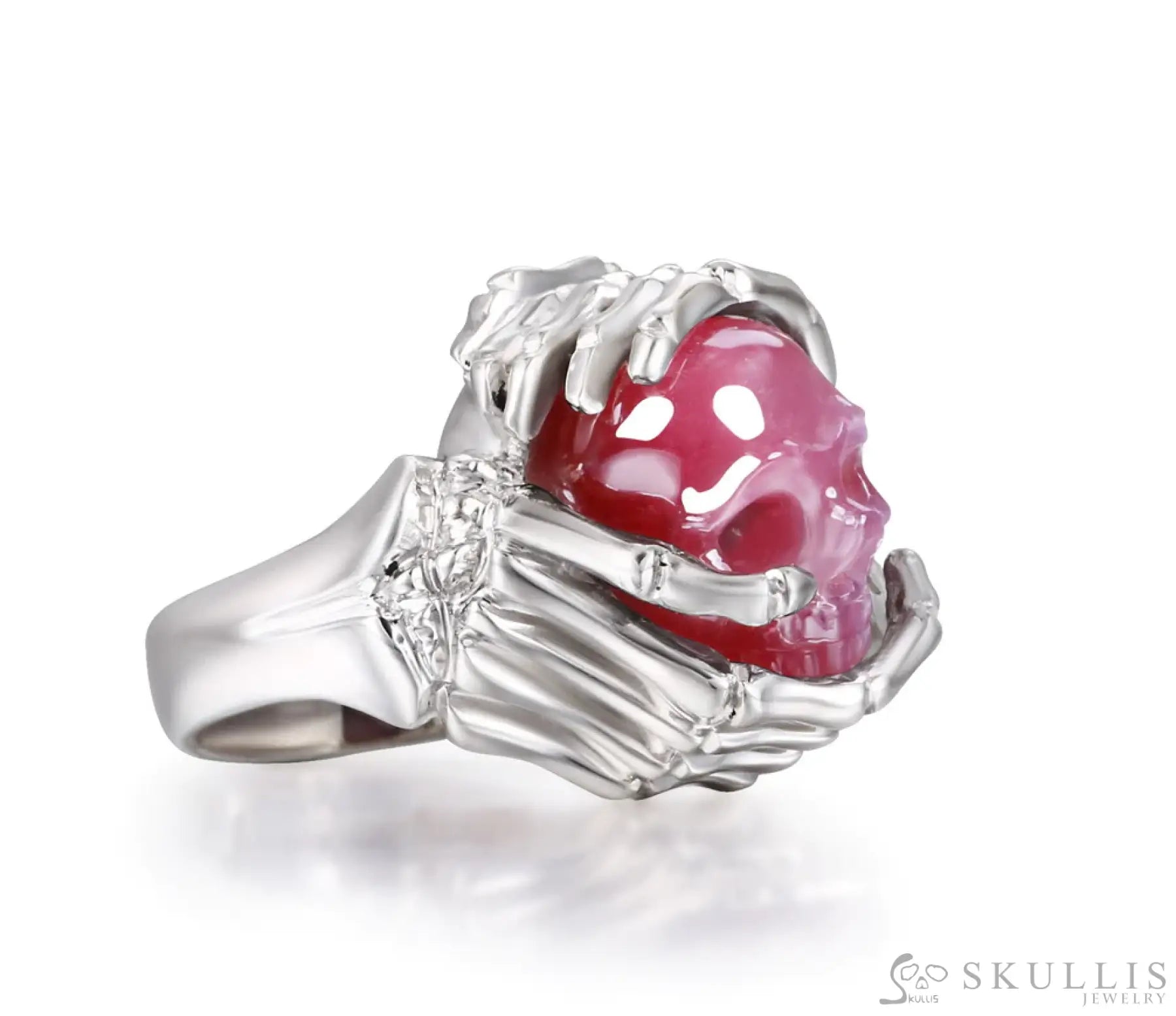 Gem Skull Ring Of Ruby Carved Skull With Skeletal Hands In 925 Sterling Silver Skull Rings