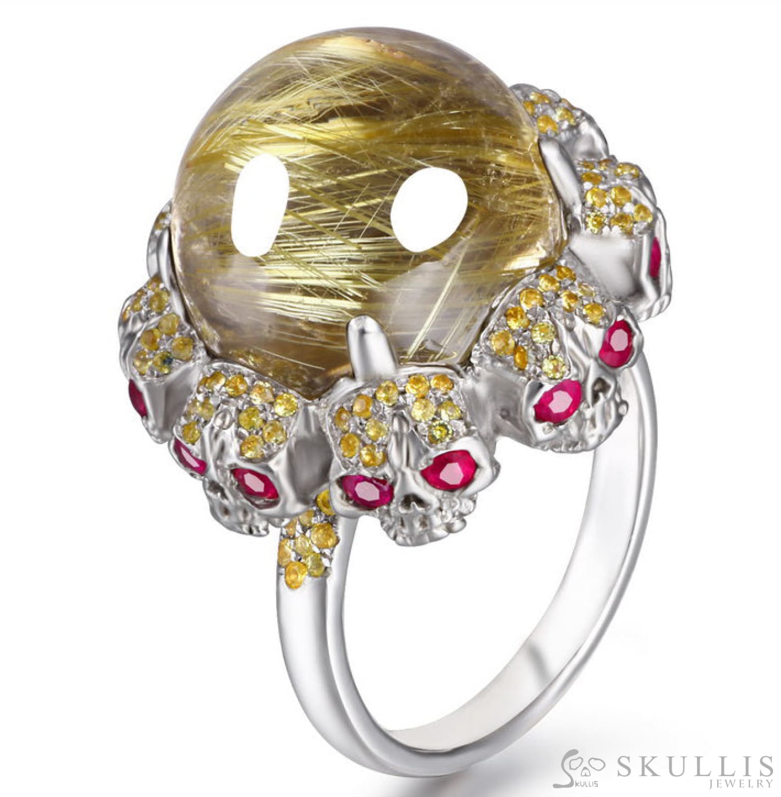 Gem Skull Ring Of Rutilated Quartz Rock Carved With Ruby Eyes Skulls In 925 Sterling Silver