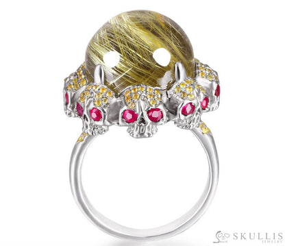 Gem Skull Ring Of Rutilated Quartz Rock Carved With Ruby Eyes Skulls In 925 Sterling Silver