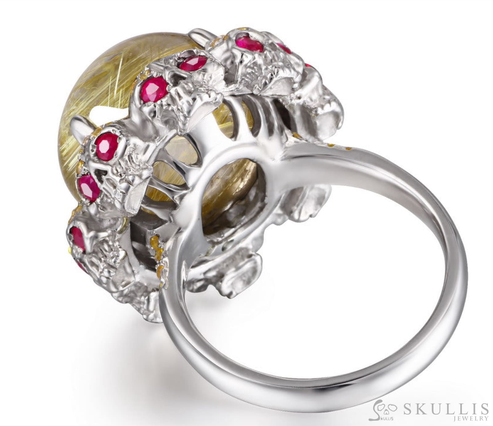 Gem Skull Ring Of Rutilated Quartz Rock Carved With Ruby Eyes Skulls In 925 Sterling Silver