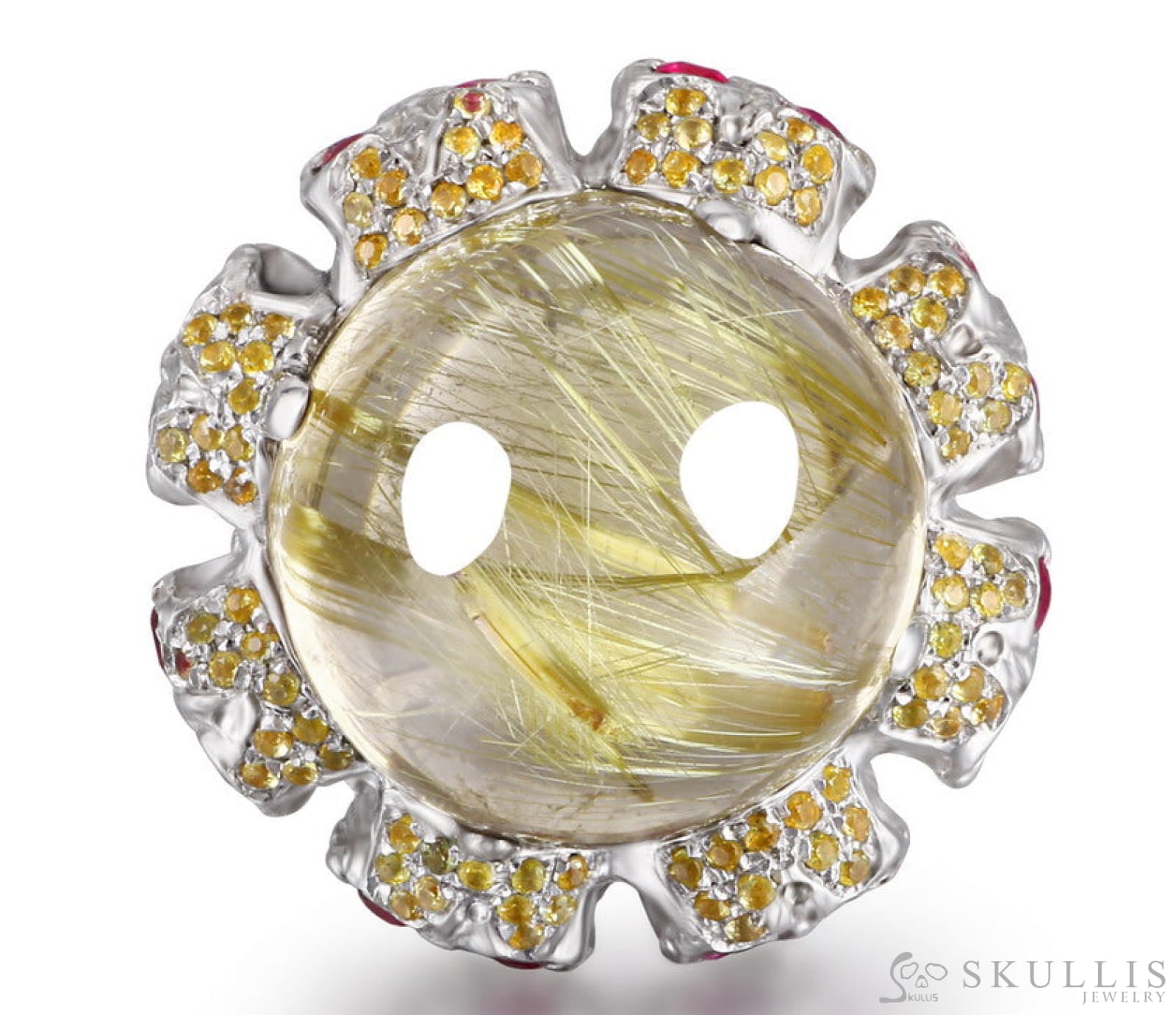 Gem Skull Ring Of Rutilated Quartz Rock Carved With Ruby Eyes Skulls In 925 Sterling Silver