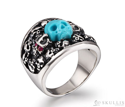 Gem Skull Ring Of Turquoise Carved Skull In 925 Sterling Silver 5.5 Skull Rings