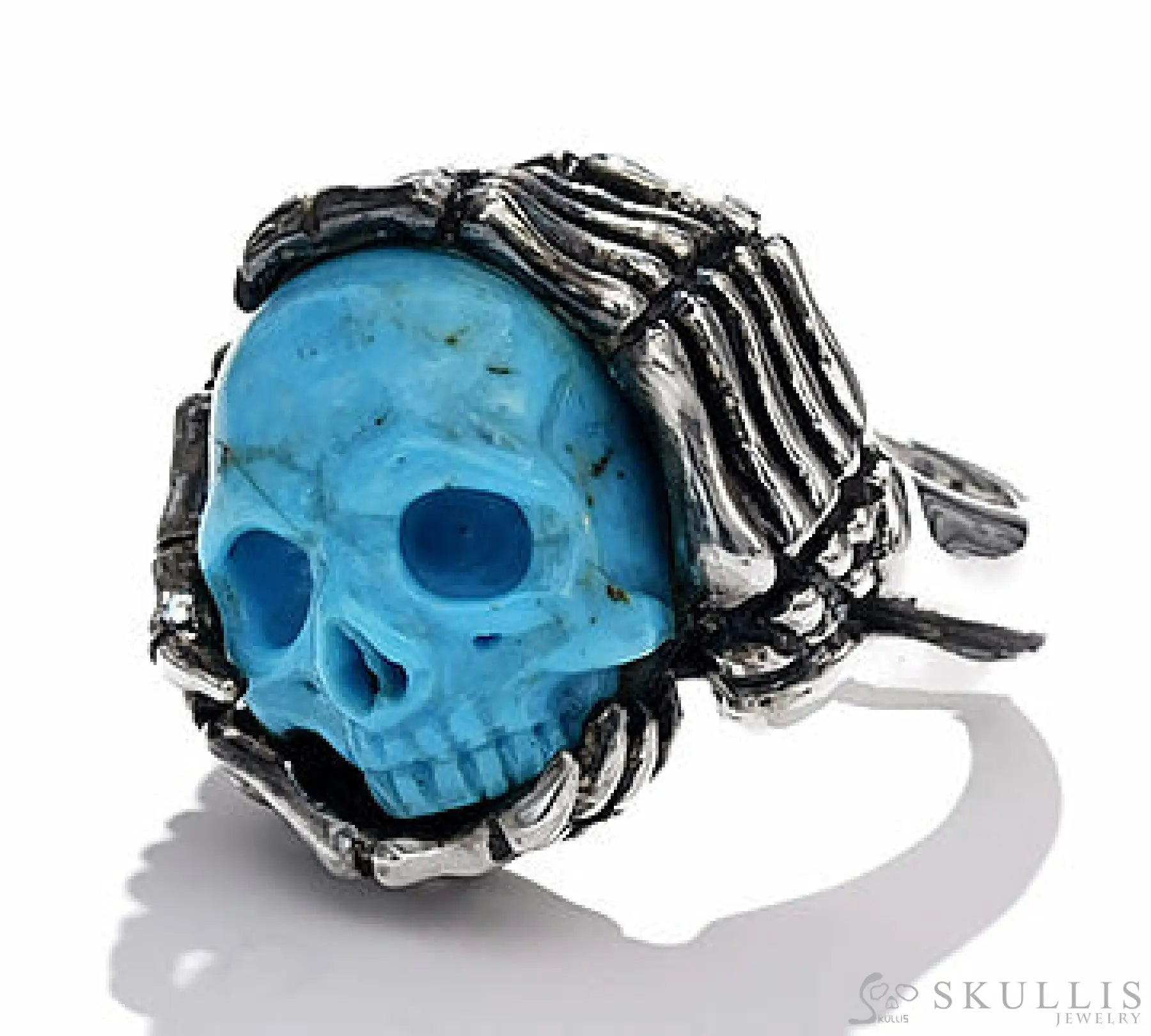 Gem Skull Ring Of Turquoise Carved Skull With Skeletal Hands In 925 Sterling Silver 5.5 Skull Rings
