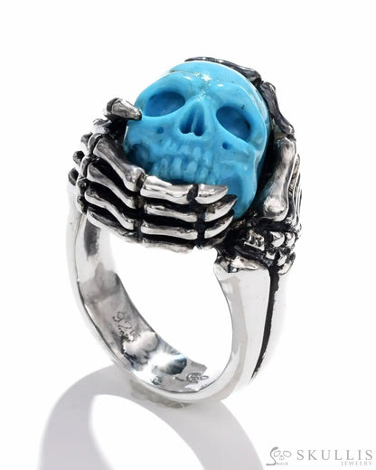 Gem Skull Ring Of Turquoise Carved Skull With Skeletal Hands In 925 Sterling Silver Skull Rings