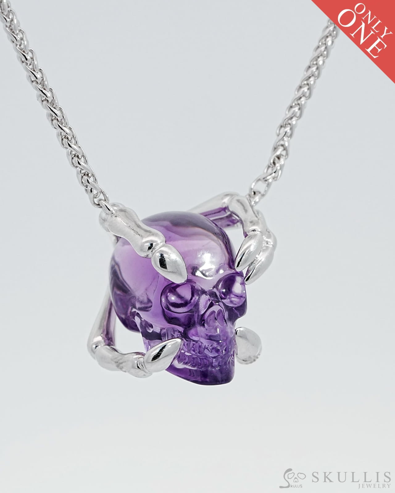 Gem Skull Pendant Necklace Of Amethyst Carved Skull With Sterling Silver Finger