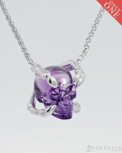 Gem Skull Pendant Necklace Of Amethyst Carved Skull With Sterling Silver Finger